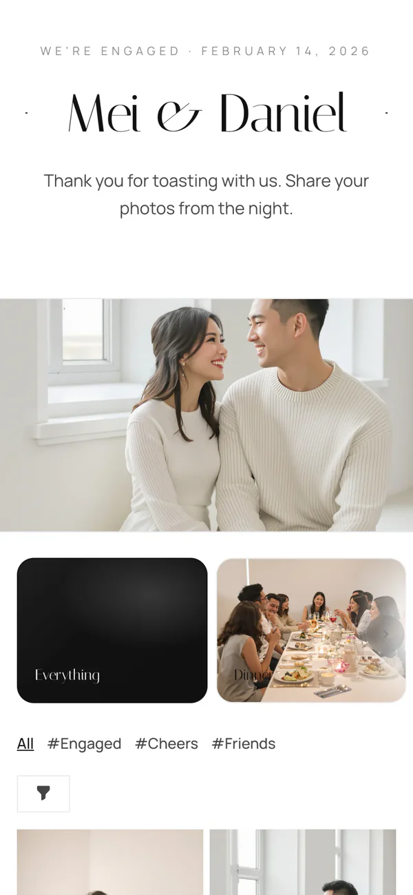 Mei and Daniel's engagement album in the Minimal style: their names in a thin display face on white, a portrait, then a masonry gallery