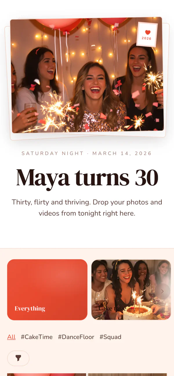Maya's 30th birthday album in the Party style: a tilted photo postcard of friends with sparklers, a bold title on peach, then a mosaic of party photos