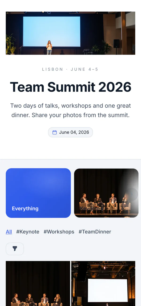 A company summit album in the Corporate style: a stage photo, a bold sans-serif title in navy and blue, then a grid of conference photos