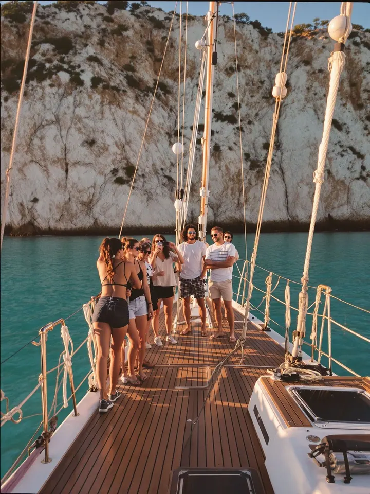 Friends on the deck of a sailing yacht at sunset