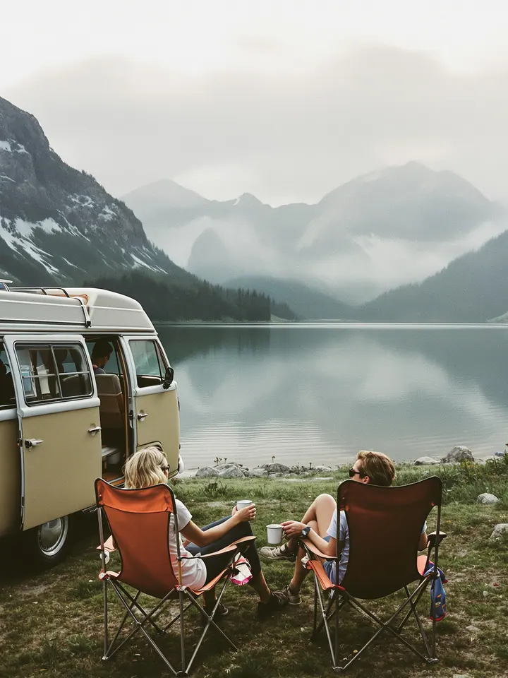 A campervan parked by an alpine lake at sunrise