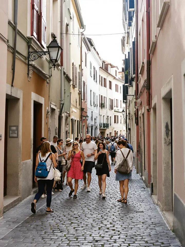 Travellers walking through an old town street