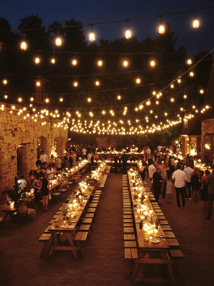 A barn courtyard venue with string lights at dusk