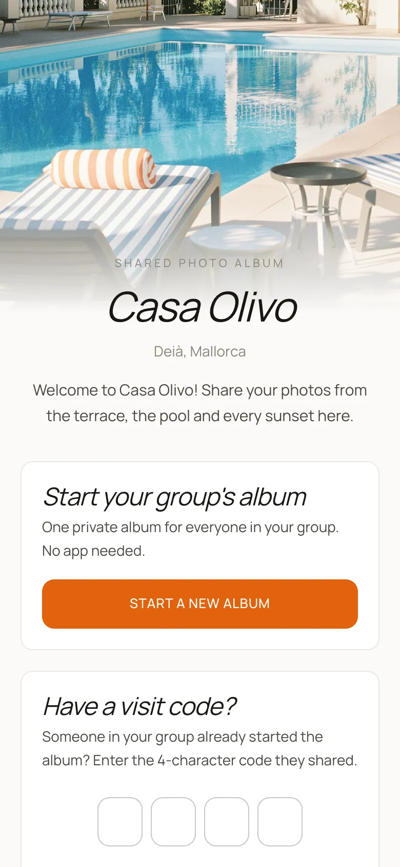A place's page on a phone, with buttons to start or join the group album