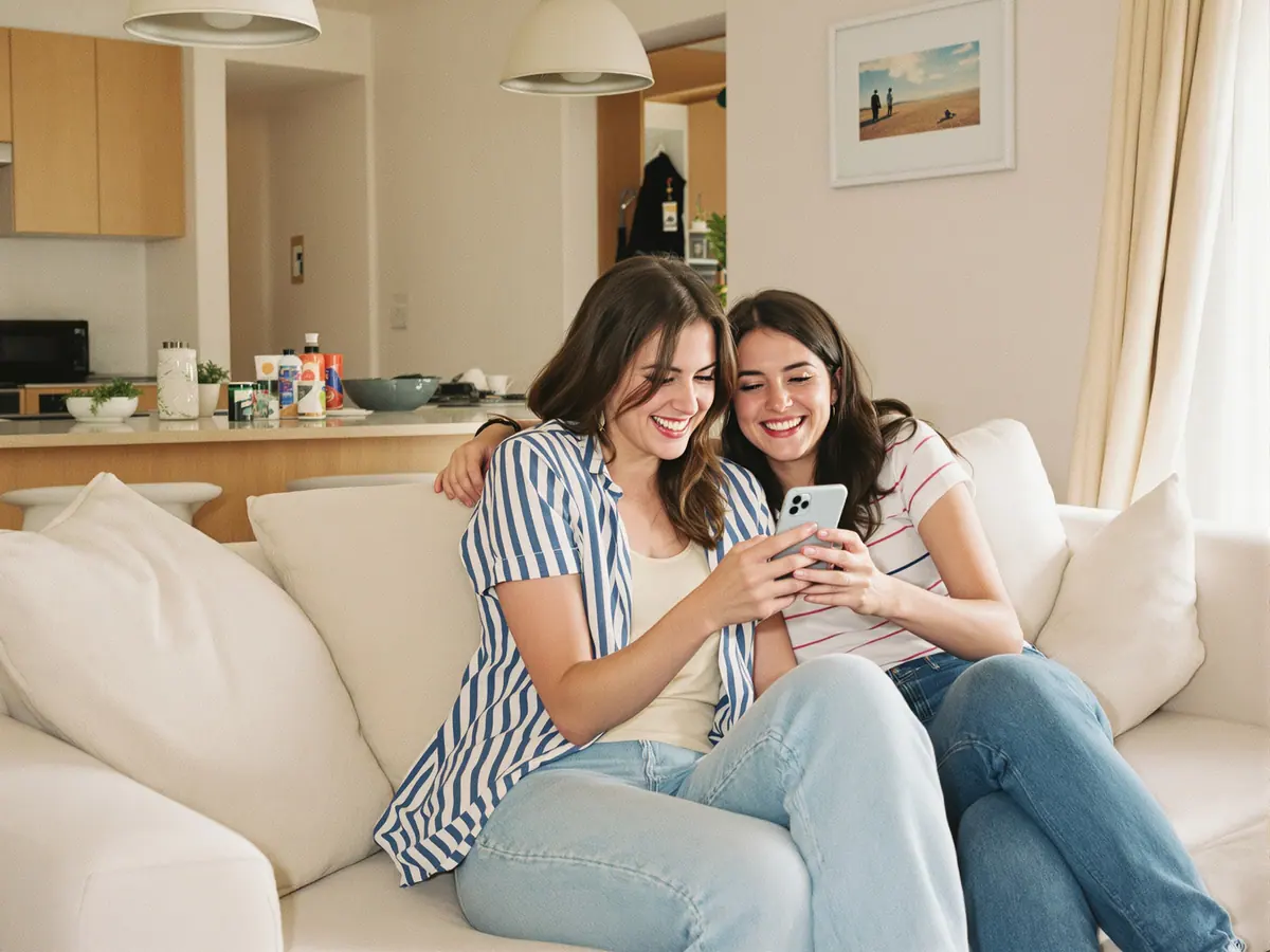 Two friends laughing at their holiday photos on a phone