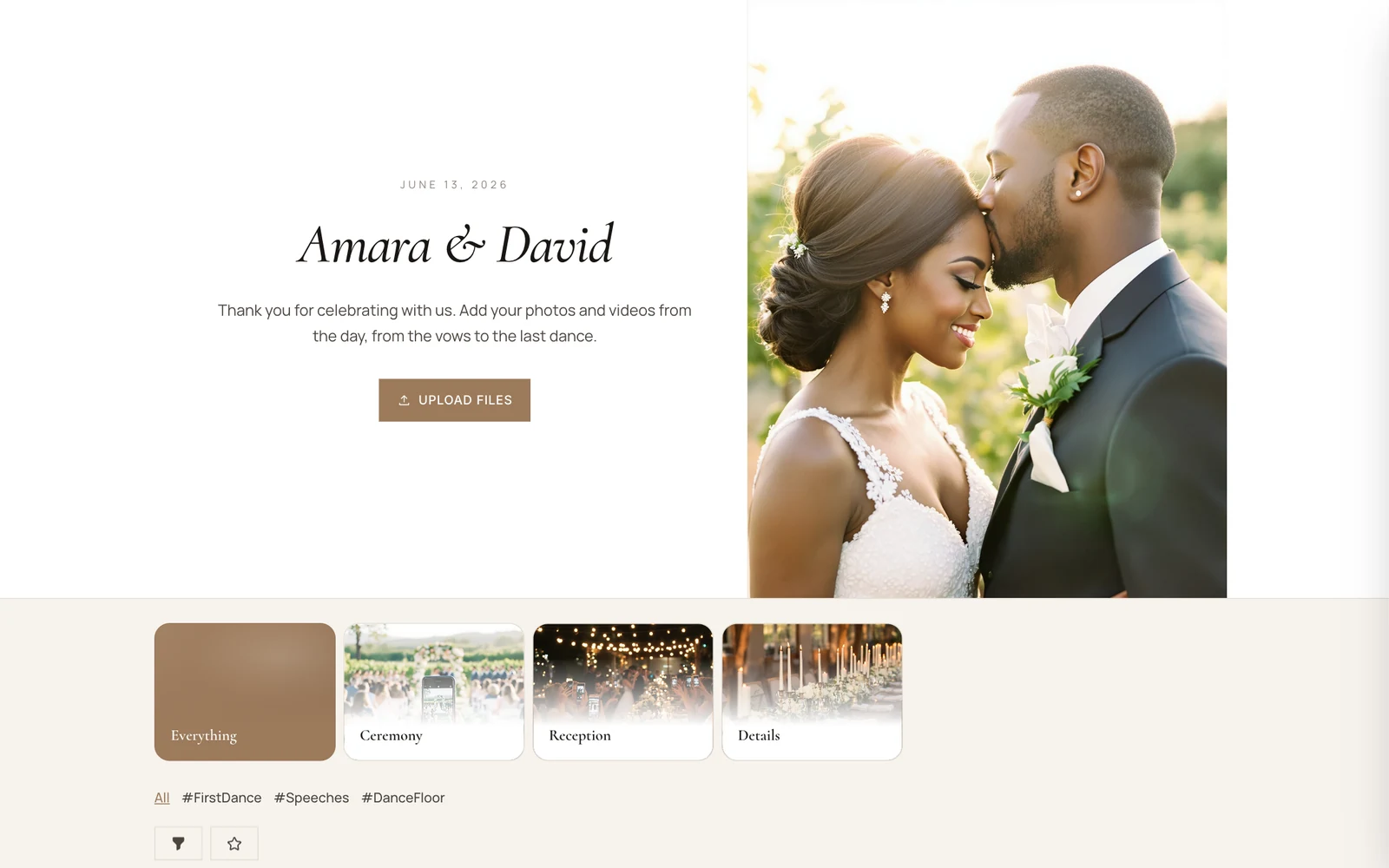 The same album on a laptop: the couple's photo, their names and the albums below