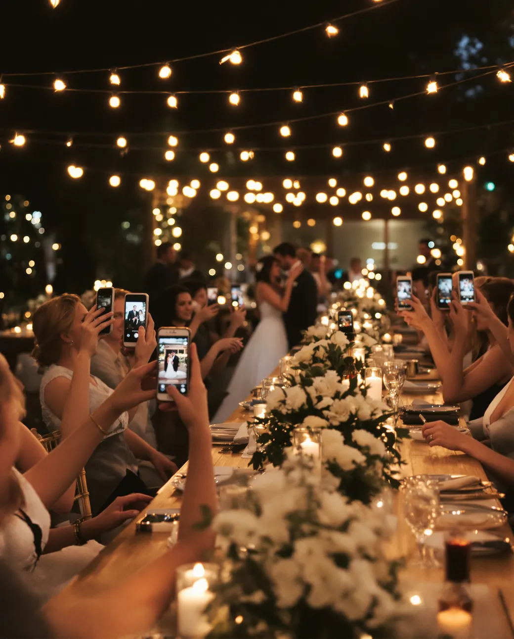 Guests at a long candlelit table under string lights, holding up their phones as the bride walks past