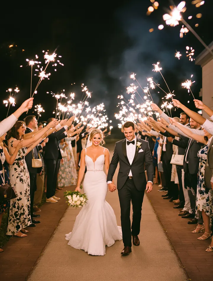 The couple leaving through a sparkler tunnel