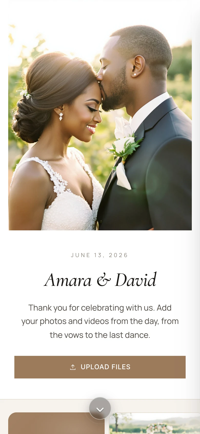 Amara and David's wedding album on a phone: their photo, the date and an Upload Files button