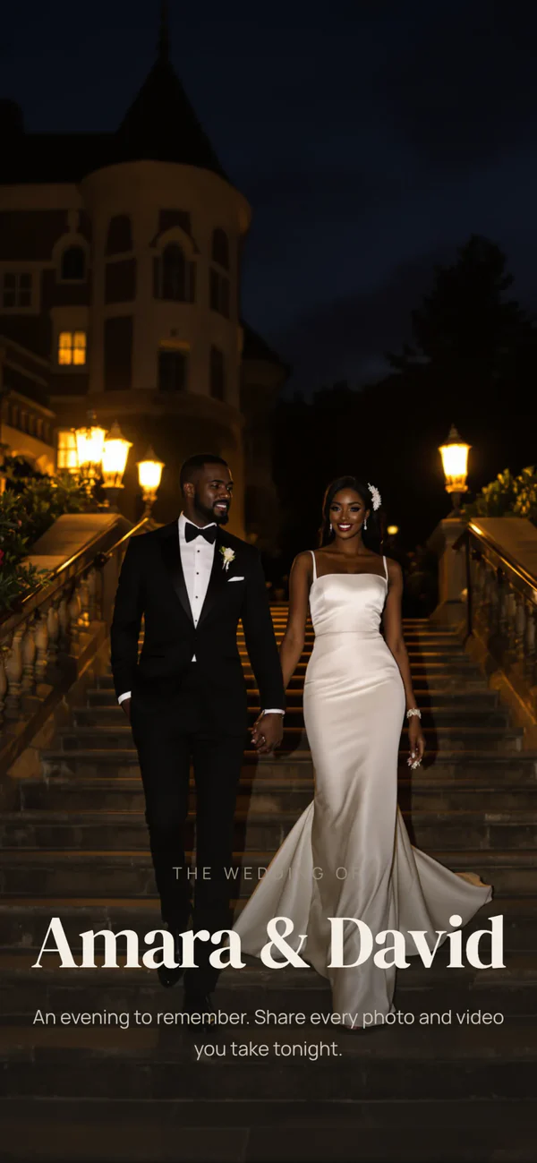 Amara and David's wedding album in the Black tie style: a full-screen night photo of the couple with their names below, gold accents on black, then a square photo grid
