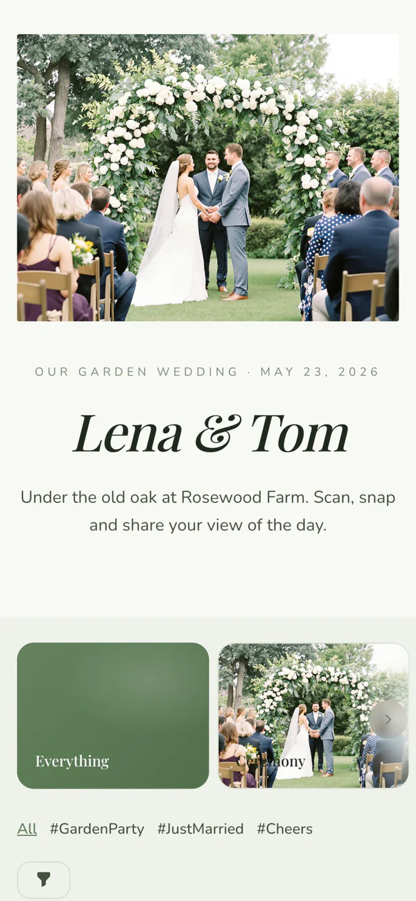 Lena and Tom's wedding album in the Garden style: a framed ceremony photo, the names in italic serif type on sage, then photos as instant prints