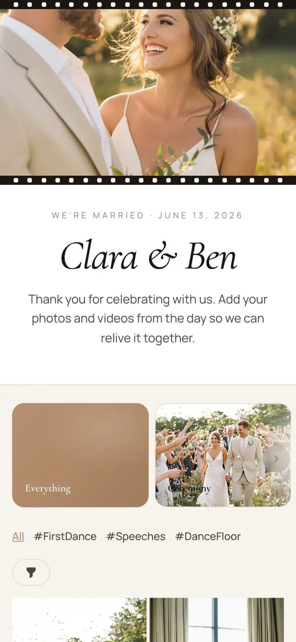 Clara and Ben's wedding album in the Romantic style: a golden-hour photo in a filmstrip, the names in italic serif type on cream, then a masonry gallery