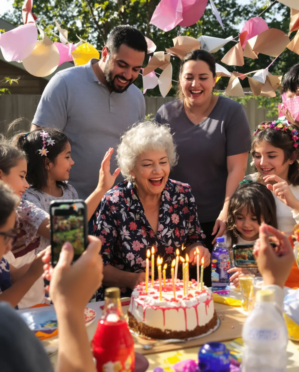 A family around a grandmother's birthday cake, filming on their phones