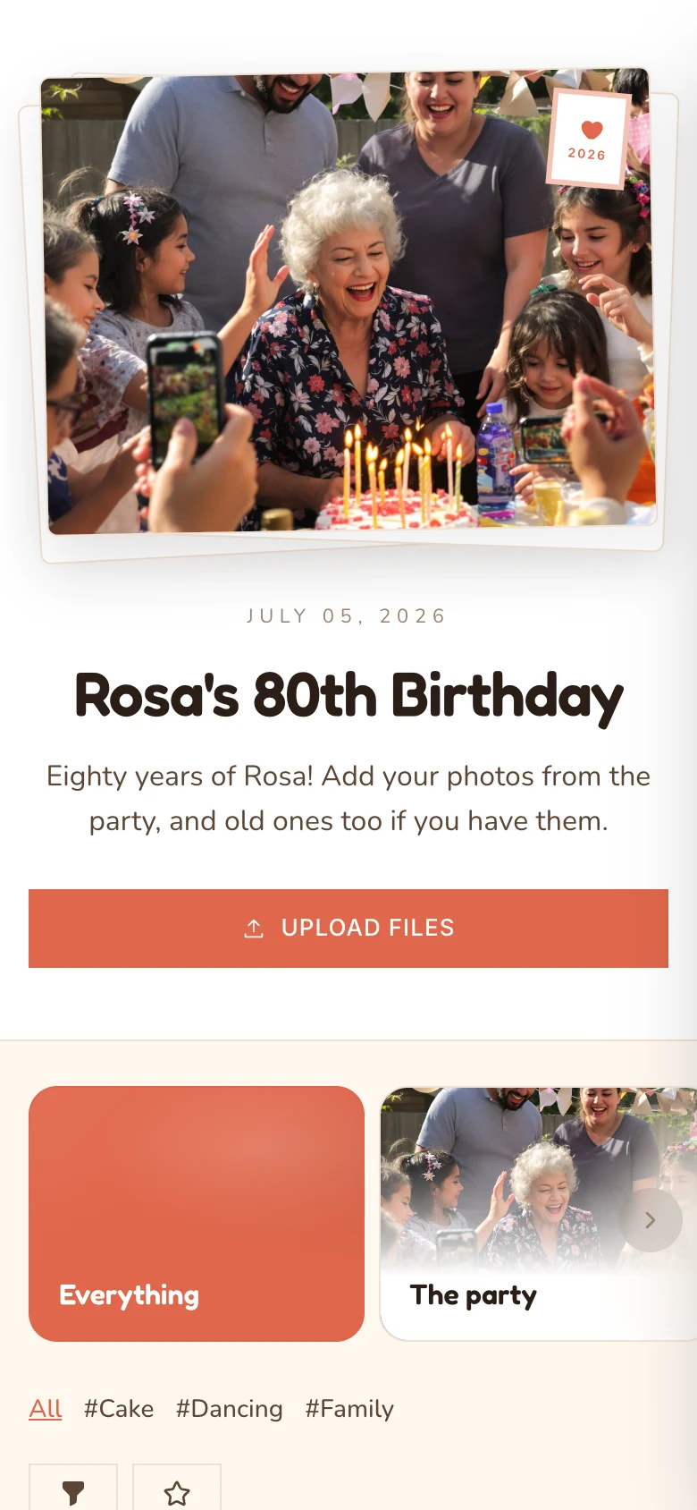 A birthday page with a coral Upload Files button