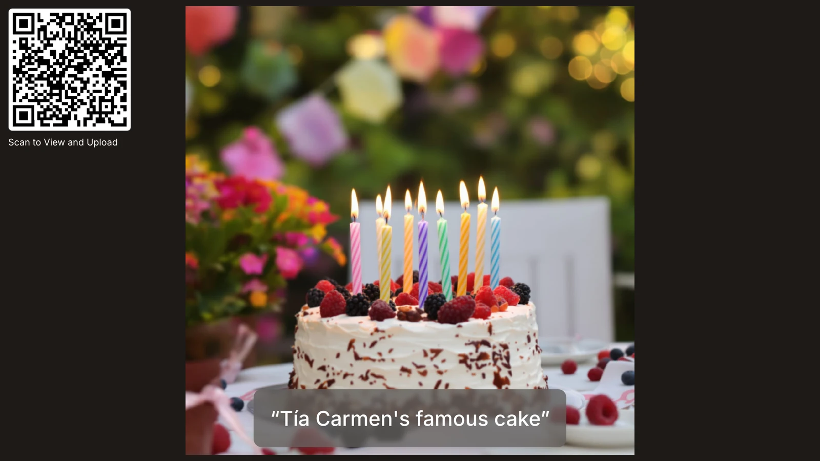 The photo wall on a TV: a birthday cake with the caption Tía Carmen's famous cake, next to a QR code that says Scan to View and Upload