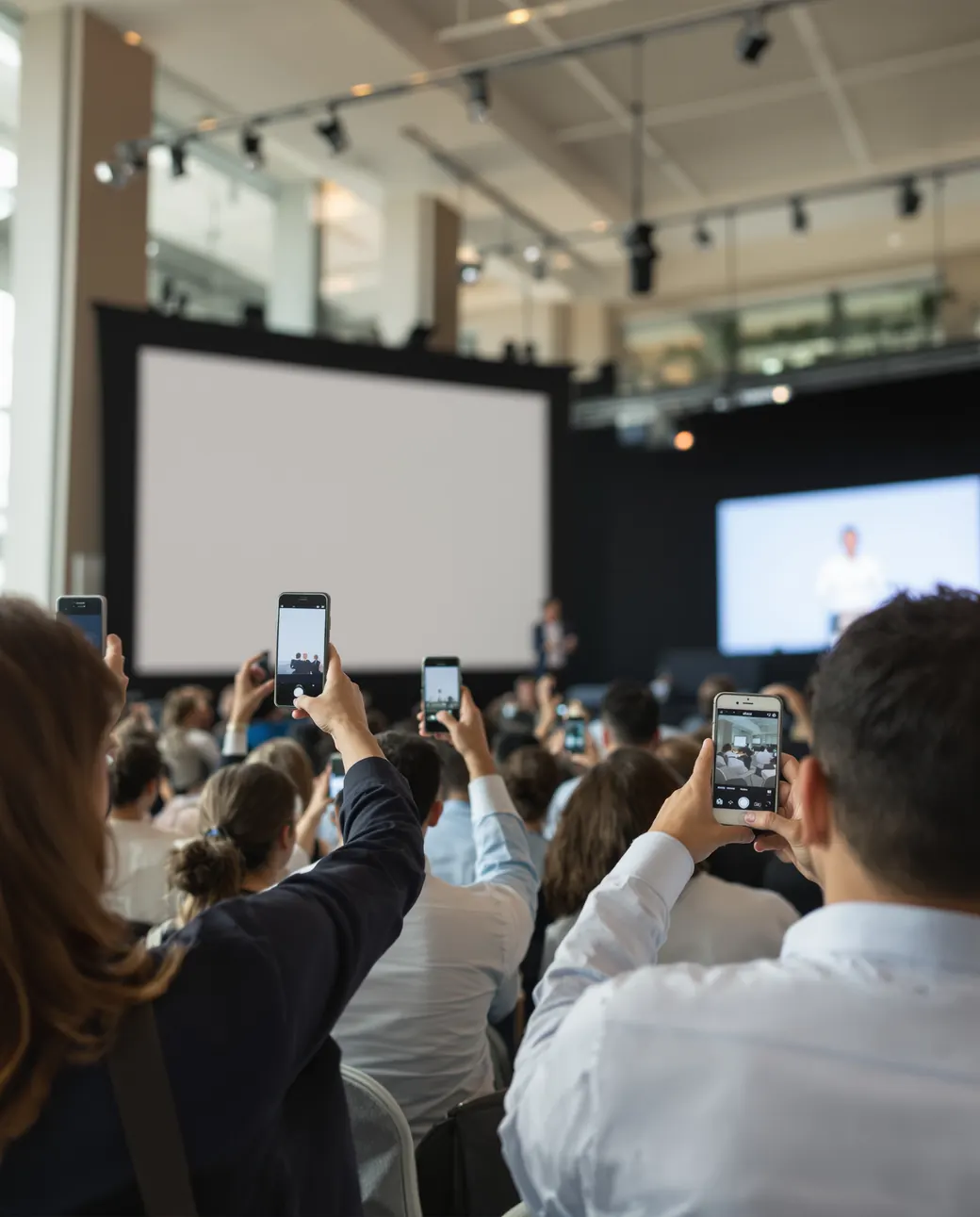 An audience holding up phones to film a speaker on stage