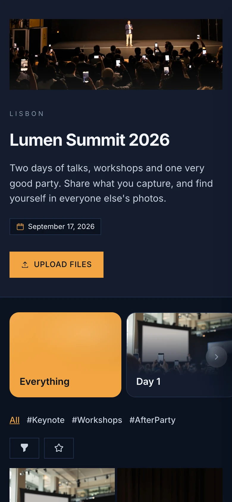 A conference page in navy with an orange button