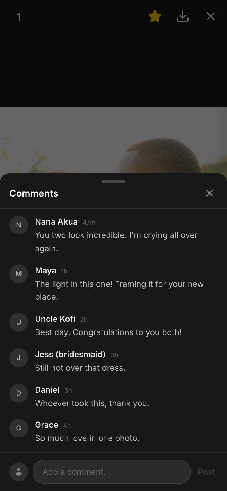 Guests' comments under a wedding photo