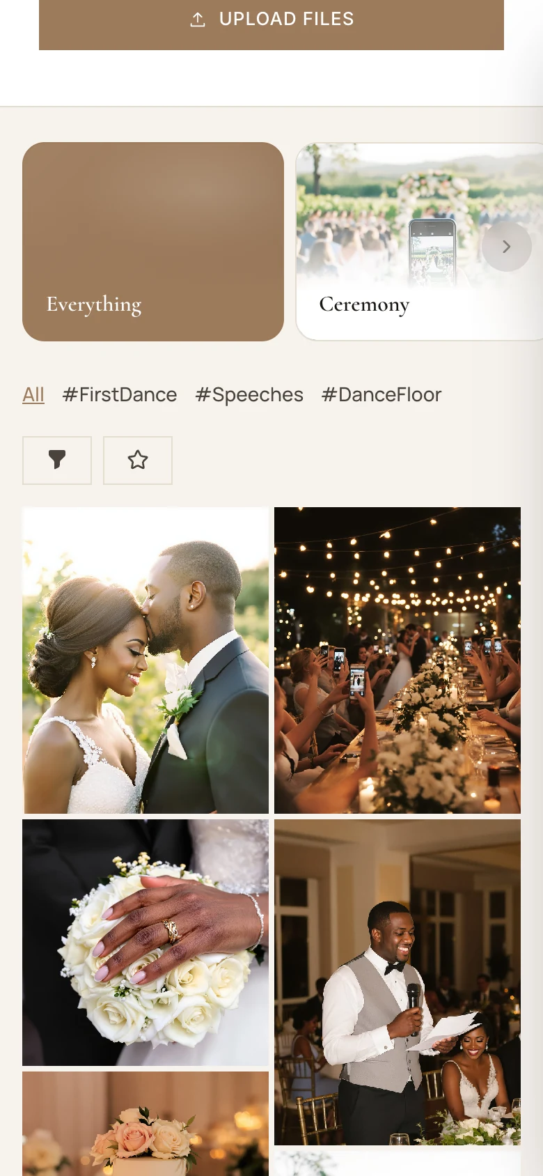 The wedding gallery with albums and hashtags