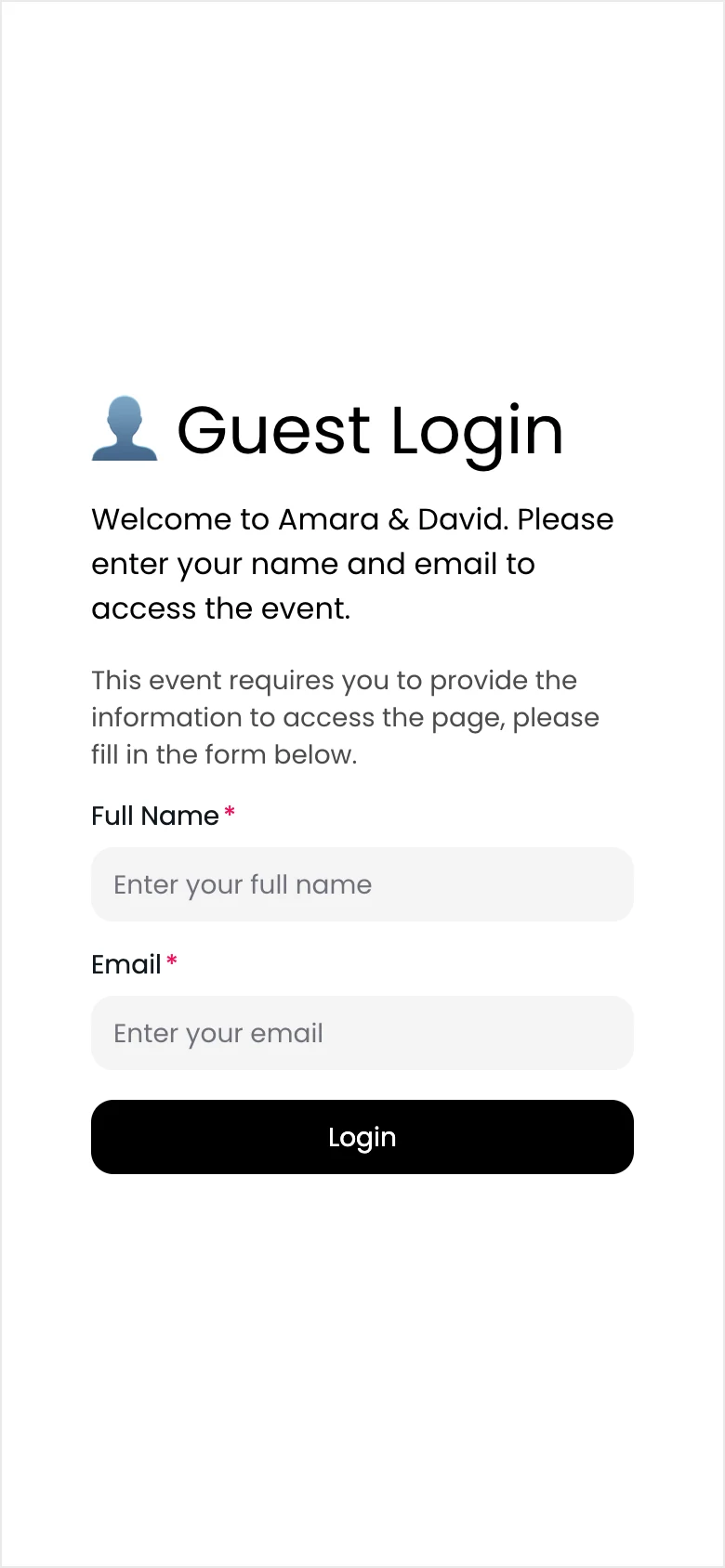 A Guest Login screen asking for full name and email