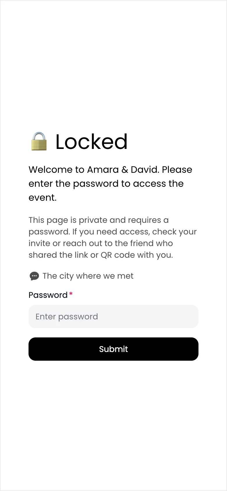 A locked album: Welcome to Amara & David, please enter the password to access the event