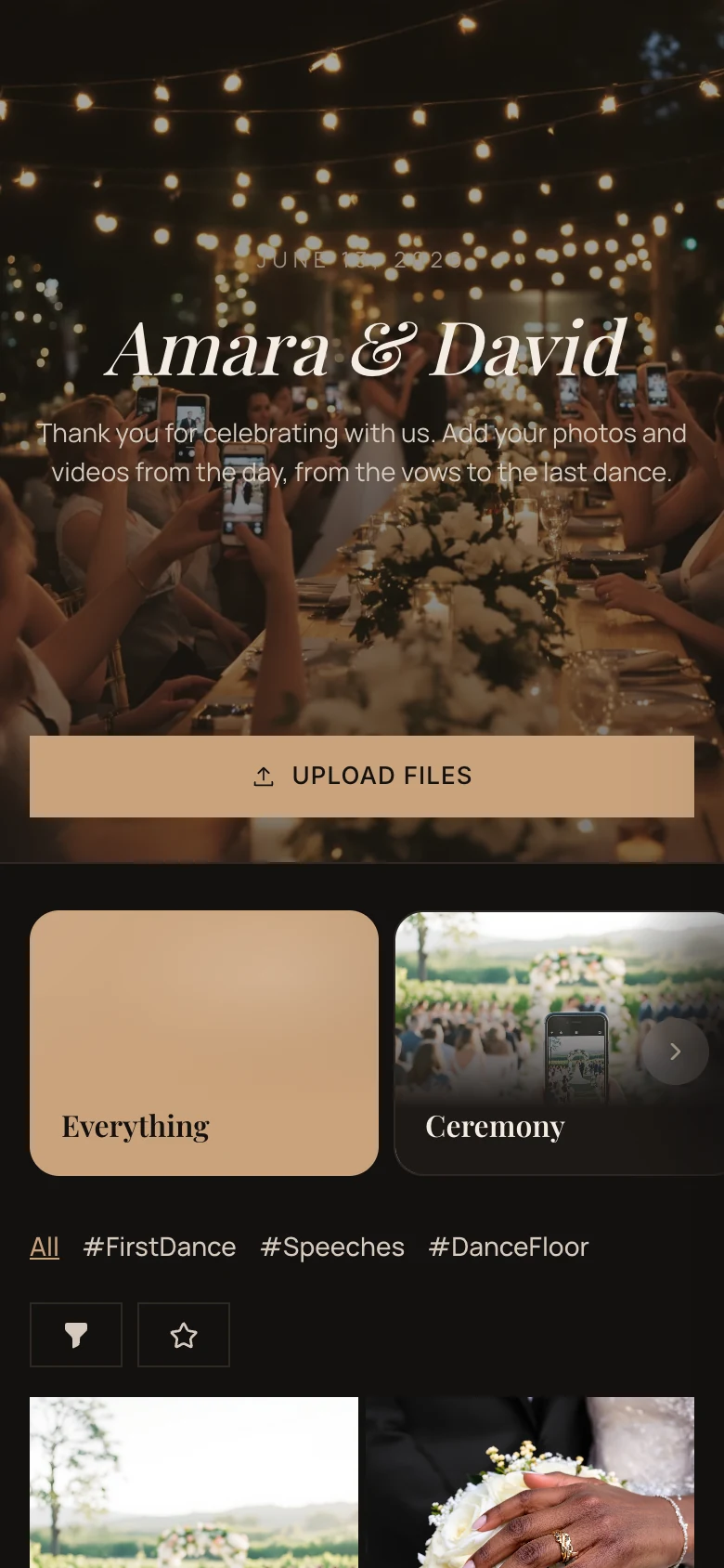 The same wedding page in a dark theme