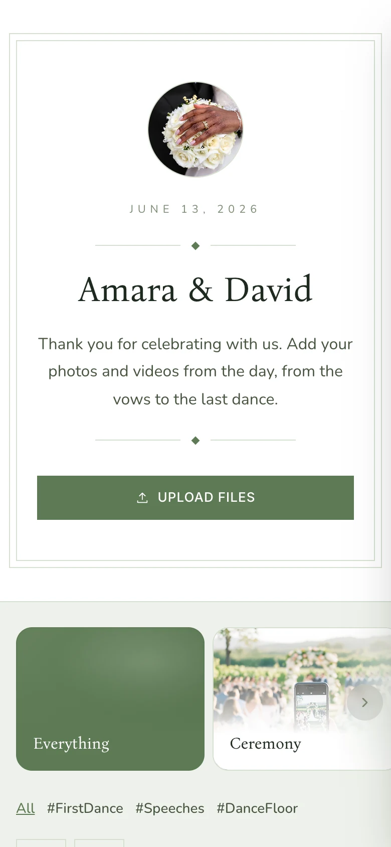 A wedding page in sage green with a serif title
