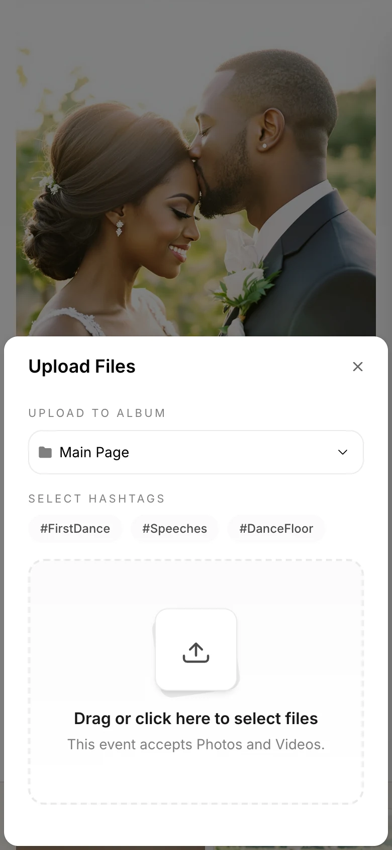 The upload screen, with an album picker and hashtags