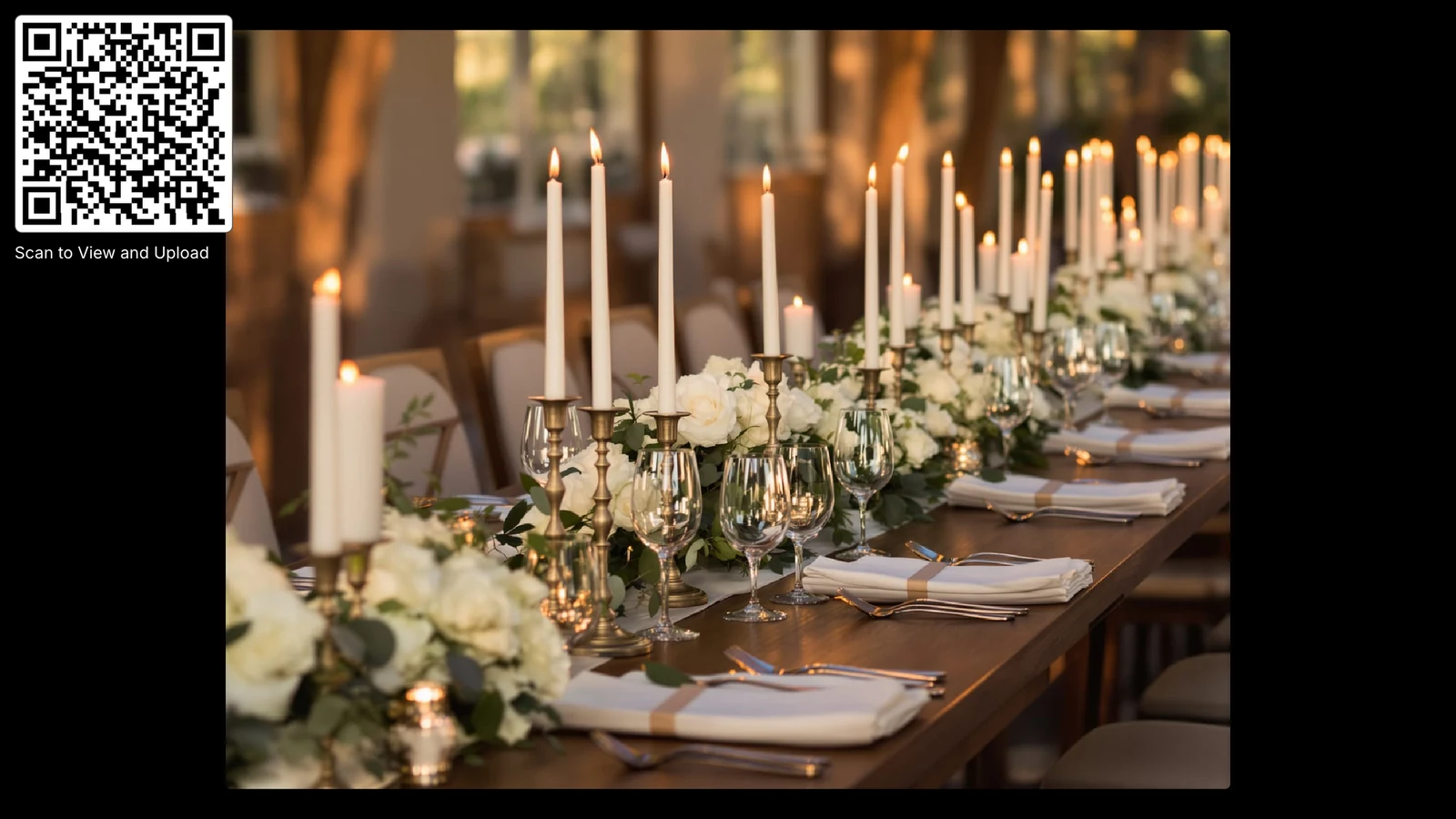 The photo wall on a screen at the reception: a guest's photo of the candlelit tables, with the album's QR code in the corner